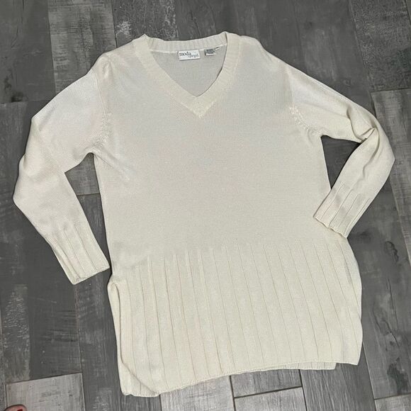 Vtg 80s 90s Spiegel Oversized V Neck Ivory Split Hem Ribbed Shine Sweater M - Picture 6 of 10